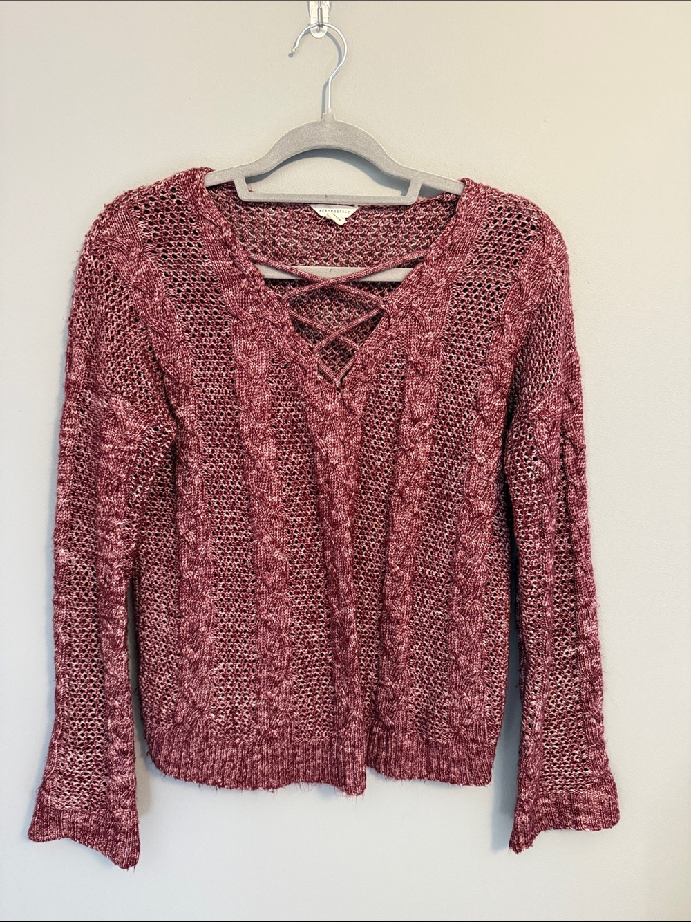 Aeropostale Lace-Up V-Neck Chenille Sweater - Rose